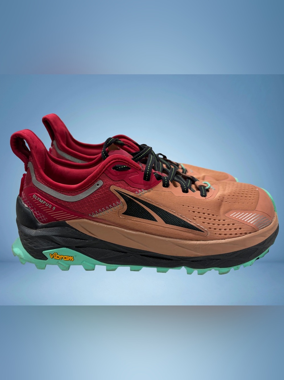 Altra women’s Trail Runners — Tan & Burgundy with Mint Vibram Outsole